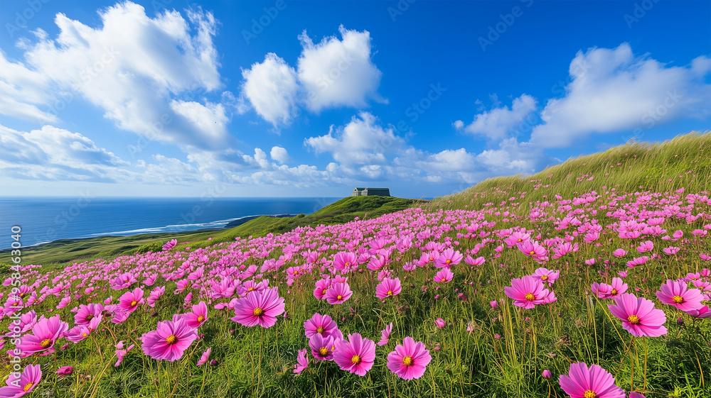満開のコスモスと青い海