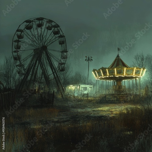 An unsettling Halloween night illustration showing a haunted carnival in the middle of a deserted field. The carnival rides are old and rusty, with peeling paint and broken lights. The Ferris wheel