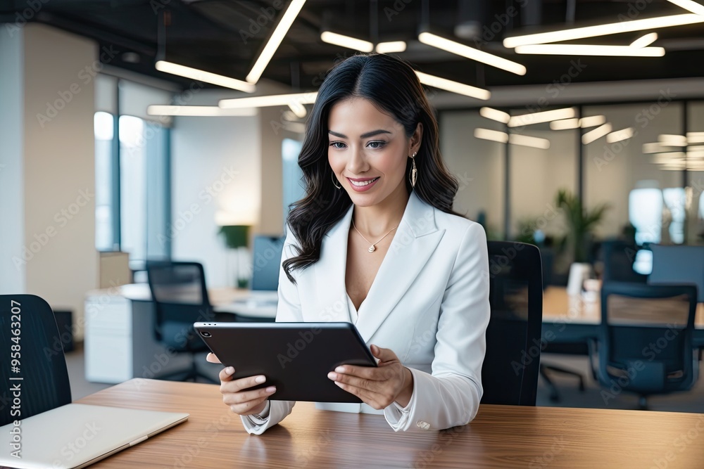 Latin Hispanic Businesswoman Working with Tablet in Contemporary Office Environment Latin Hispanic Businesswoman Working with Tablet in Contemporary Office Environment