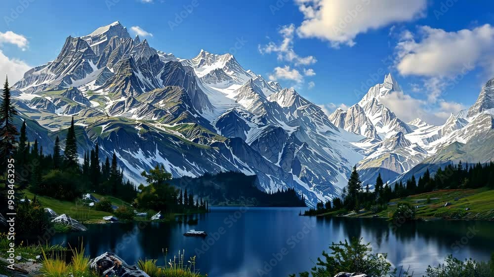 Stunning summer daytime display over tranquil lake and majestic mountain landscape Stunning summer daytime display over tranquil lake and majestic mountain landscape