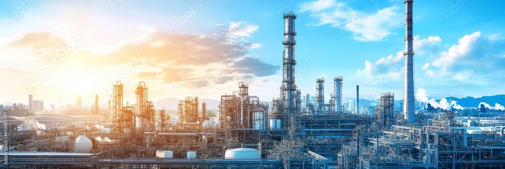 Fototapeta premium Aerial view of oil refinery and industrial infrastructure showcasing its vast industrial structures