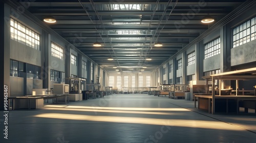 A wide shot of a factory interior with multiple production lines and natural light flooding the space,