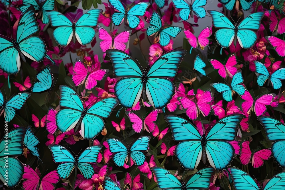 Vibrant Spring Display of Teal Turquoise and Magenta Butterflies Vibrant Spring Display of Teal Turquoise and Magenta Butterflies