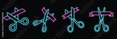 Glowing neon line scissors cutting ribbon icons isolated on a black background, symbolising a grand opening or inauguration