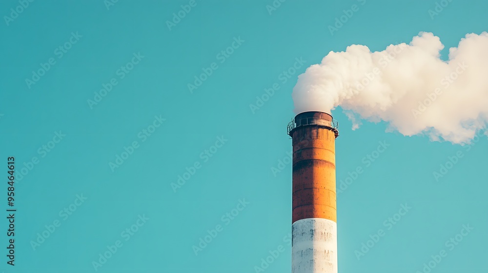 One industrial smokestack emitting white smoke against clear blue sky, single tall chimney, billowing plume, environmental pollution concept. One industrial smokestack emitting white smoke against clear blue sky, single tall chimney, billowing plume, environmental pollution concept.