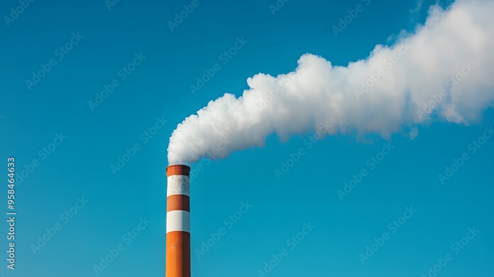 One industrial smokestack emitting white smoke against clear blue sky, single tall chimney, billowing plume, environmental pollution concept. One industrial smokestack emitting white smoke against clear blue sky, single tall chimney, billowing plume, environmental pollution concept.