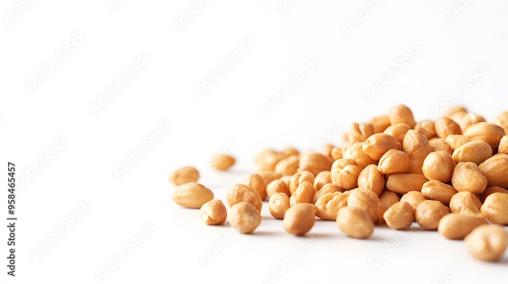 Roasted peanuts cluster, right-aligned composition,, white background, macro photography, crisp details, golden brown color, textured surface, food photography. Roasted peanuts cluster, right-aligned composition,, white background, macro photography, crisp details, golden brown color, textured surface, food photography.