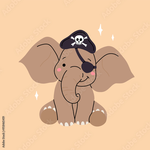 Cartoon elephant animal pirate and corsair. Adorable sailor, captain, skipper and boatswain cute character. Isolated vector kawaii safari zoo personage face with a sweet smile, playful bandana and hat