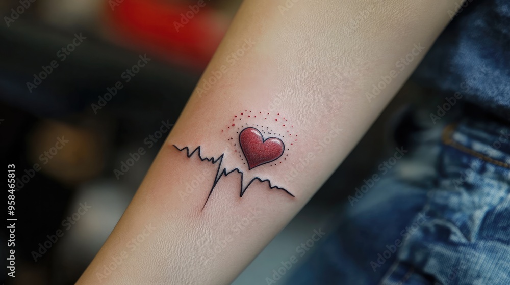 Obraz premium A close-up of a heartbeat tattoo on a forearm with a red heart