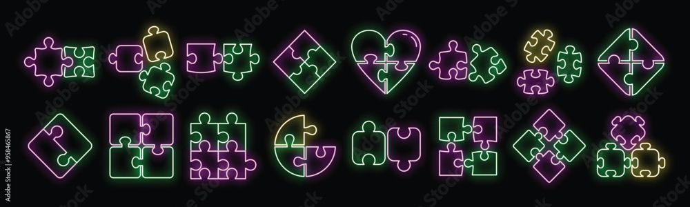 Set of colorful neon puzzle pieces glowing on black background, representing concepts such as problem solving, teamwork, and innovation Set of colorful neon puzzle pieces glowing on black background, representing concepts such as problem solving, teamwork, and innovation