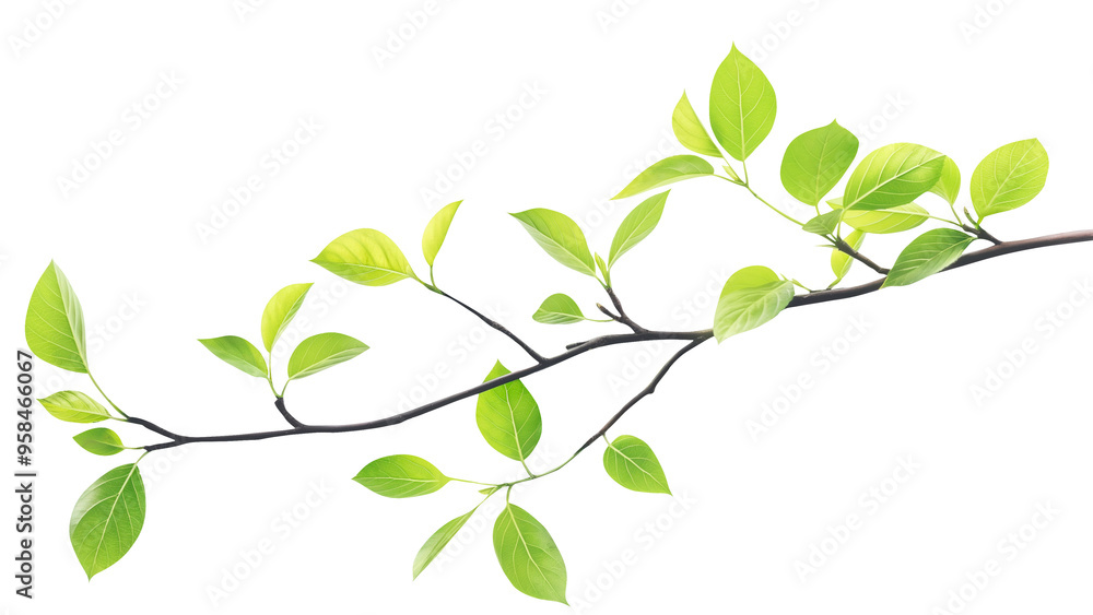 Fresh Green Leaves on a Branch Isolated on a White Background. Fresh Green Leaves on a Branch Isolated on a White Background.