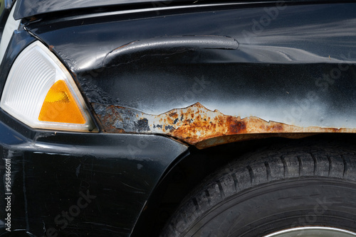 A badly rusted black car photo