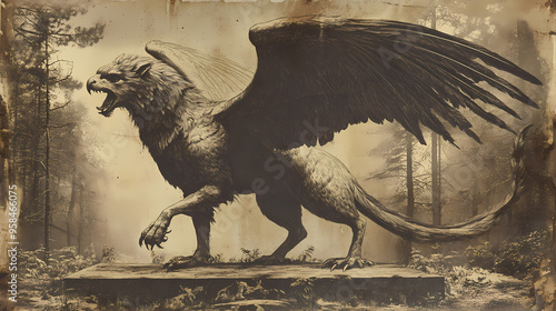 A mesmerizing mythological griffin, with the body of a lion and the wings of an eagle, captured in an antique photograph. Griffin. Illustration photo