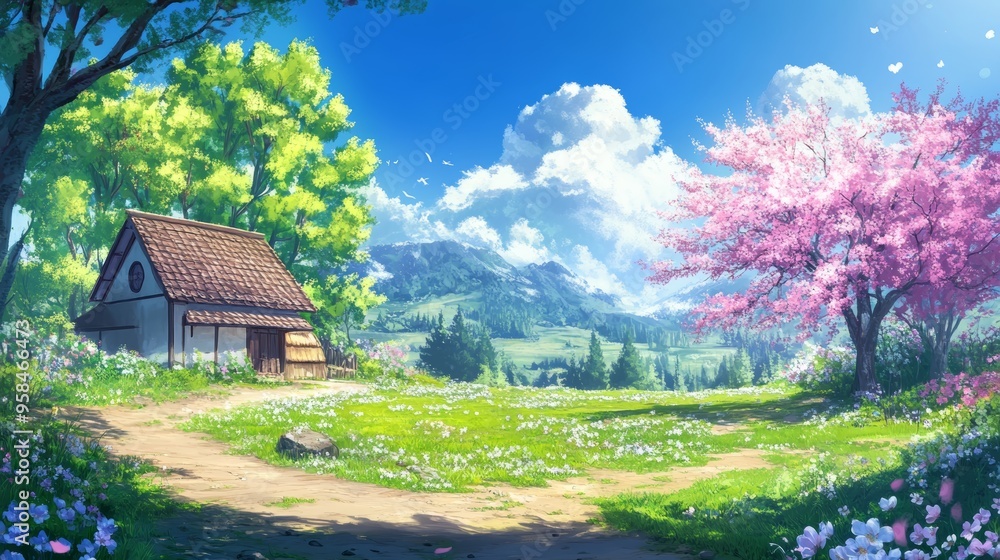 Charming Spring Scene with Vibrant Blossoms, anime style Charming Spring Scene with Vibrant Blossoms, anime style