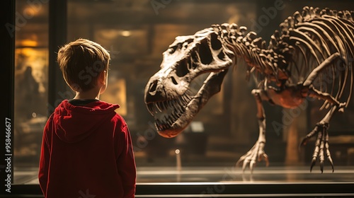 Fototapeta Naklejka Na Ścianę i Meble -  A young boy in a red hoodie stands in awe in front of a dinosaur skeleton, his face lit with wonder and fascination.