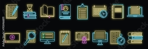 Neon icon set representing different aspects of education, studying, reading and writing, with a focus on time management