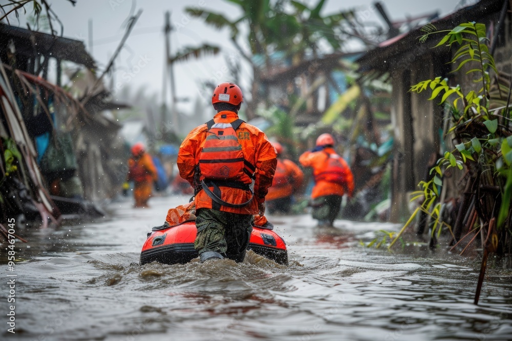 Rescue Team Navigating Flooded Street in Disaster Relief Effort Rescue Team Navigating Flooded Street in Disaster Relief Effort