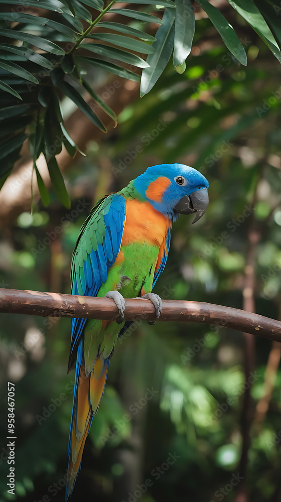 Obraz premium Blue Orange and Green Parrot Resting on Brown Branch 