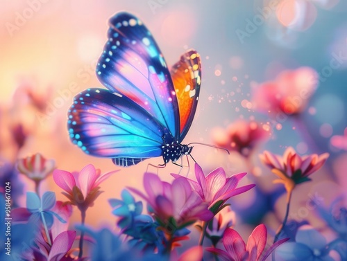 A vibrant butterfly delicately flutters among blooming flowers in a serene garden at sunset