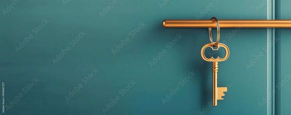 Golden key hanging from a hook, ready to unlock potential Golden key hanging from a hook, ready to unlock potential