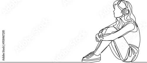 continuous single line drawing of teenage girl sitting on floor listening to music using over-ear headphones, line art vector illustration