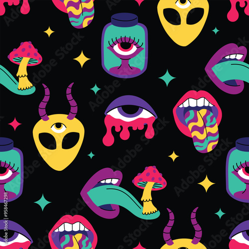 Psychedelic trend seamless pattern, bright acidic elements. Cartoon illustration on a black background