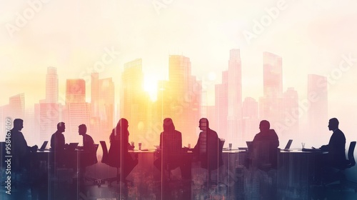 In this image, there are many business people gathered in a conference group meeting on a city office building in the background, showing a successful partnership.