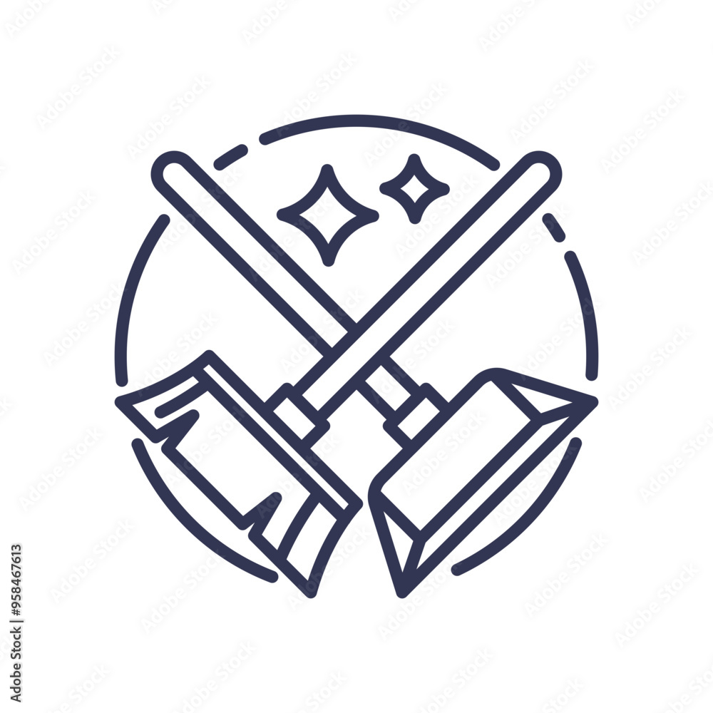 Illustration of a broom and dustpan crossed with sparkles, symbolizing cleanliness and tidiness. Illustration of a broom and dustpan crossed with sparkles, symbolizing cleanliness and tidiness.