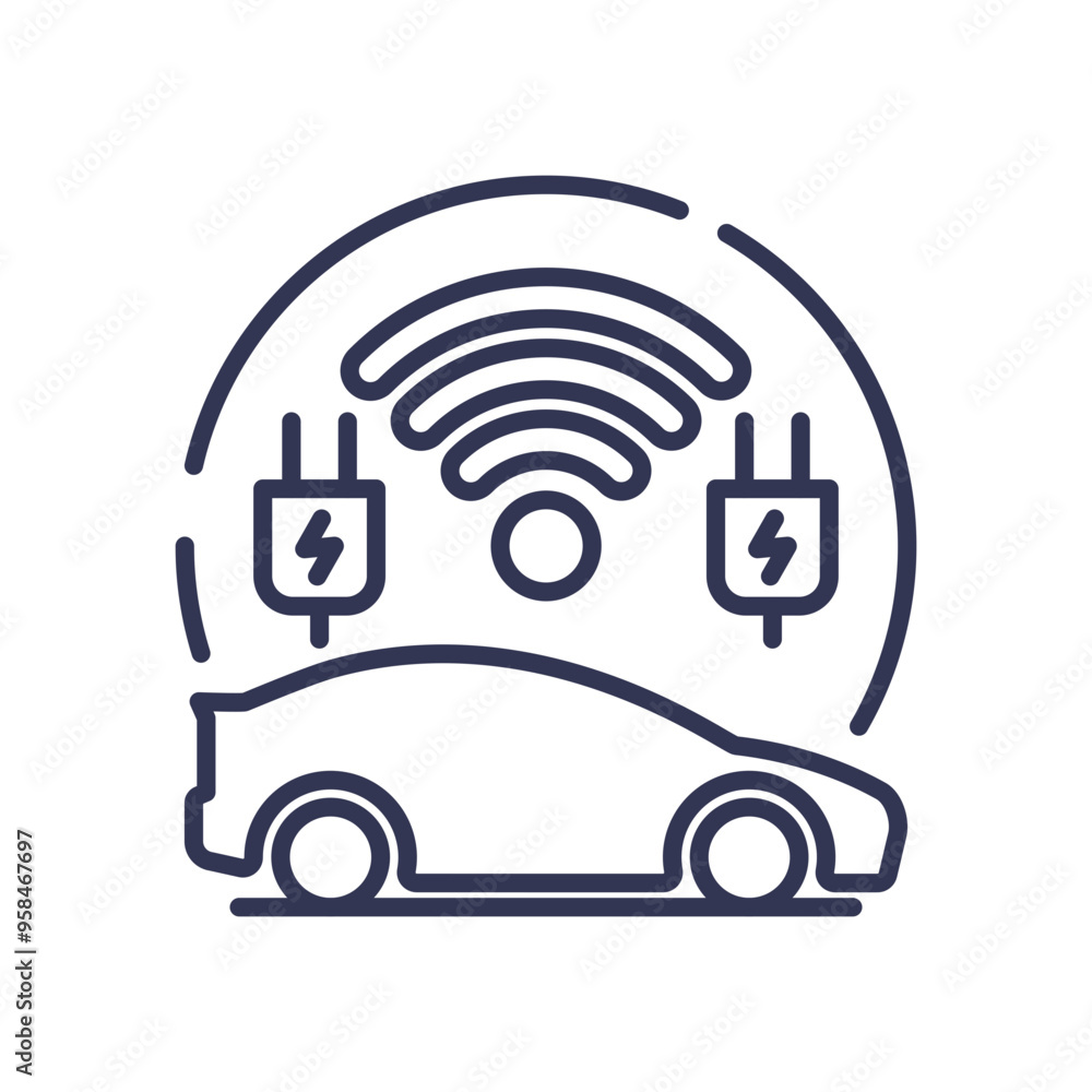 Illustration of a connected electric car with Wi-Fi and charging plugs, symbolizing smart connectivity in electric vehicles. Illustration of a connected electric car with Wi-Fi and charging plugs, symbolizing smart connectivity in electric vehicles.