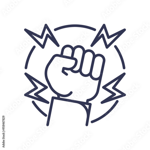 A clenched fist surrounded by lightning bolts symbolizes fury, power, and resistance.