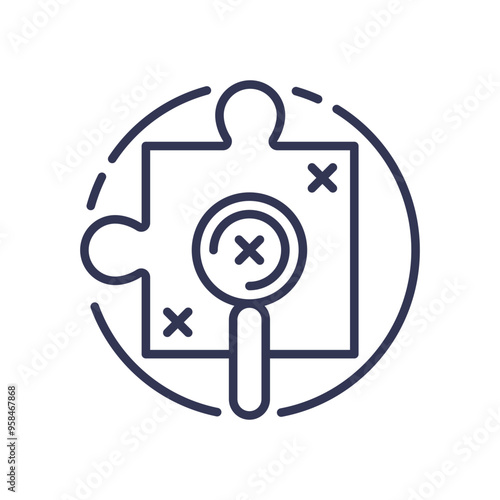 Magnifying glass over puzzle piece symbolizing information gathering and problem-solving.