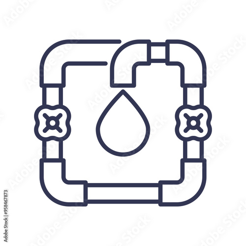 Illustration of a water distribution system with pipes and a water droplet, symbolizing infrastructure and distribution.