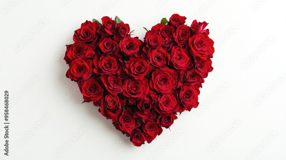 A heart-shaped arrangement of red roses on a white background A heart-shaped arrangement of red roses on a white background
