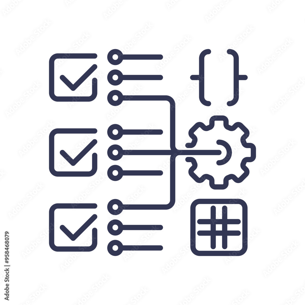 Fototapeta premium Diagram illustrating systematic validation with checklists, gears, and code brackets.