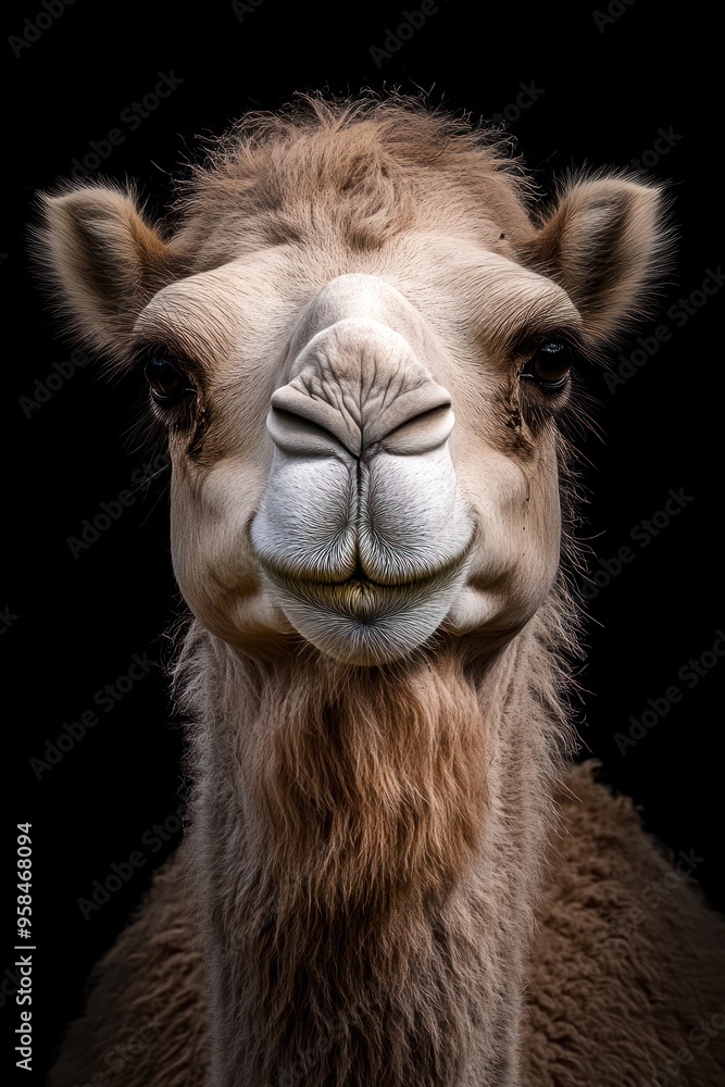 Obraz premium A hyper-realistic portrait of a camel looking directly at the camera with a neutral expression - AI Generated Digital Art.