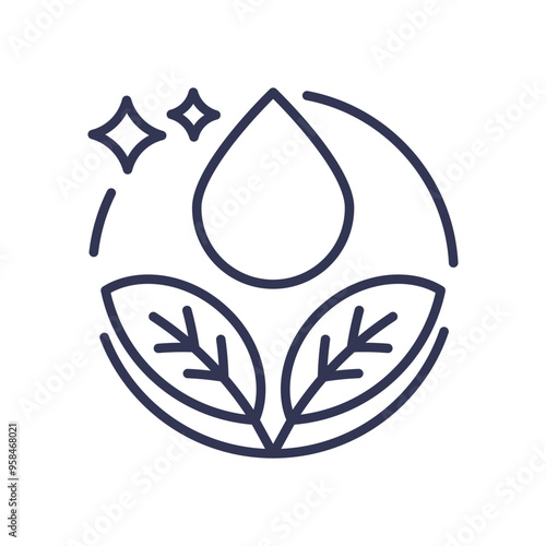 Minimalist icon of a water droplet and leaves symbolizing purity and environmental conservation.