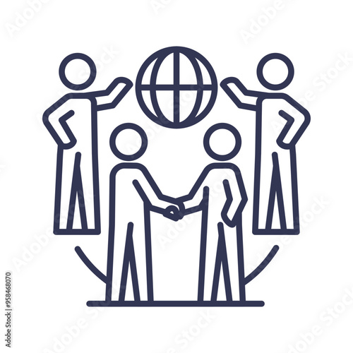 Illustration of people shaking hands and standing around a globe, symbolizing global cooperation and social responsibility.