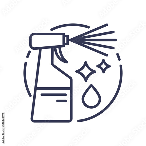 Illustration of a spray bottle with droplets and sparkles, symbolizing sanitizing and cleanliness.