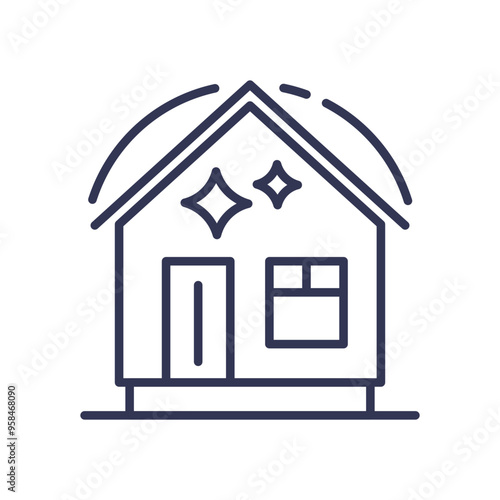 Line art of a house with sparkling stars, symbolizing cleanliness and a well-maintained home.