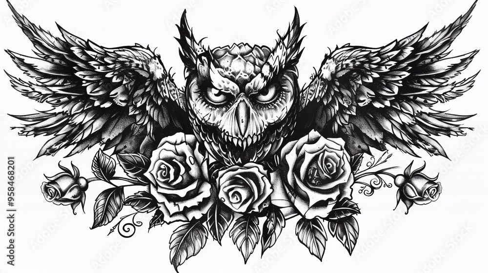 an owl head with wings tribal tattoo in black and white illustration design an owl head with wings tribal tattoo in black and white illustration design