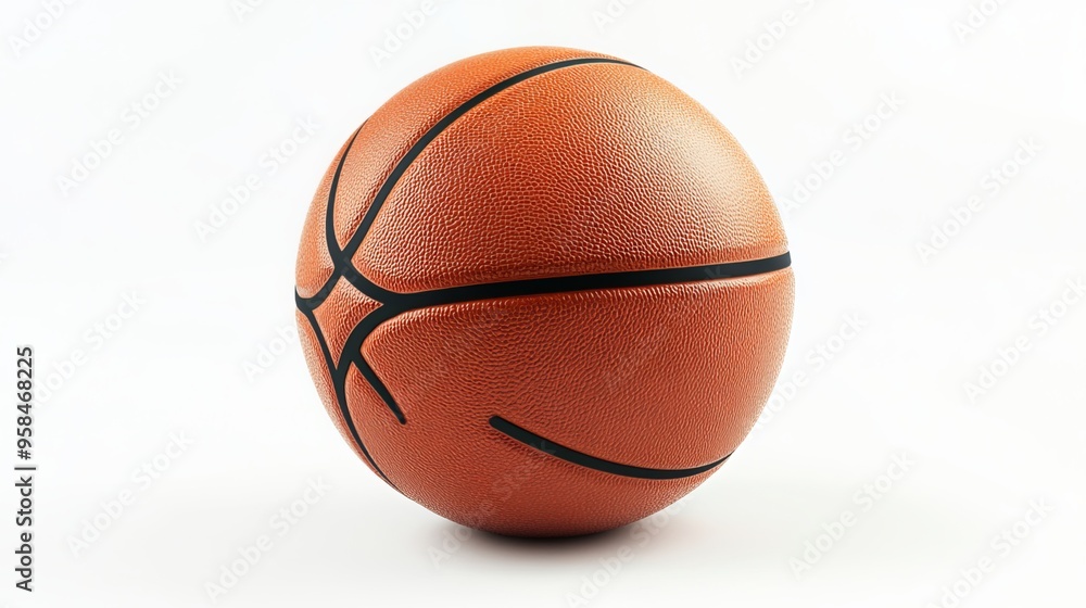 A basketball lies isolated on a pure white backdrop, with a defined clipping path and a complete depth of field, allowing for precise editing and placement. The image captures the iconic orange 