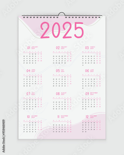 2025 Calendar - one page Wall Calendar - Single Page Calendar - 12 months Calendar - pink color