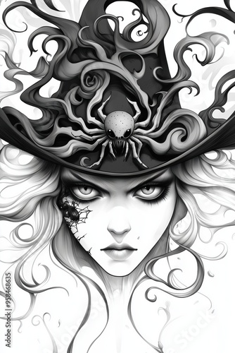 80s-Inspired Halloween Spider Close-Up, Mystical Black Hat, High-Contrast Ink Lines, Surreal Misty Waves