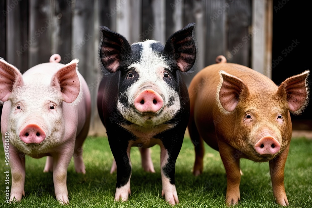Three Pigs in Pink, Black, and Brown Tints Looking Back - Farm Animal Collection Three Pigs in Pink, Black, and Brown Tints Looking Back - Farm Animal Collection