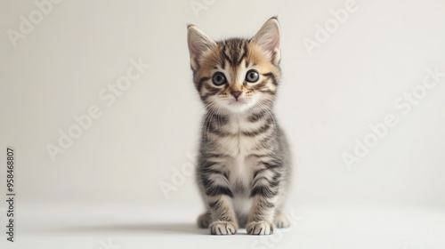 A charming tabby point kitten stands upright, facing the camera. Its curious gaze exudes an air of feistiness as it poses on a pristine white background.  photo