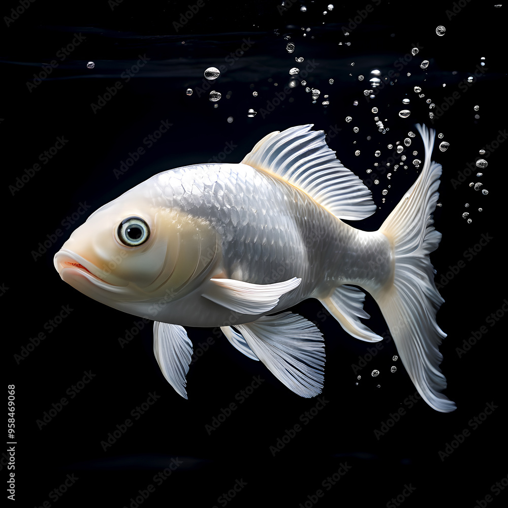White fish with shiny scales on black background White fish with shiny scales on black background