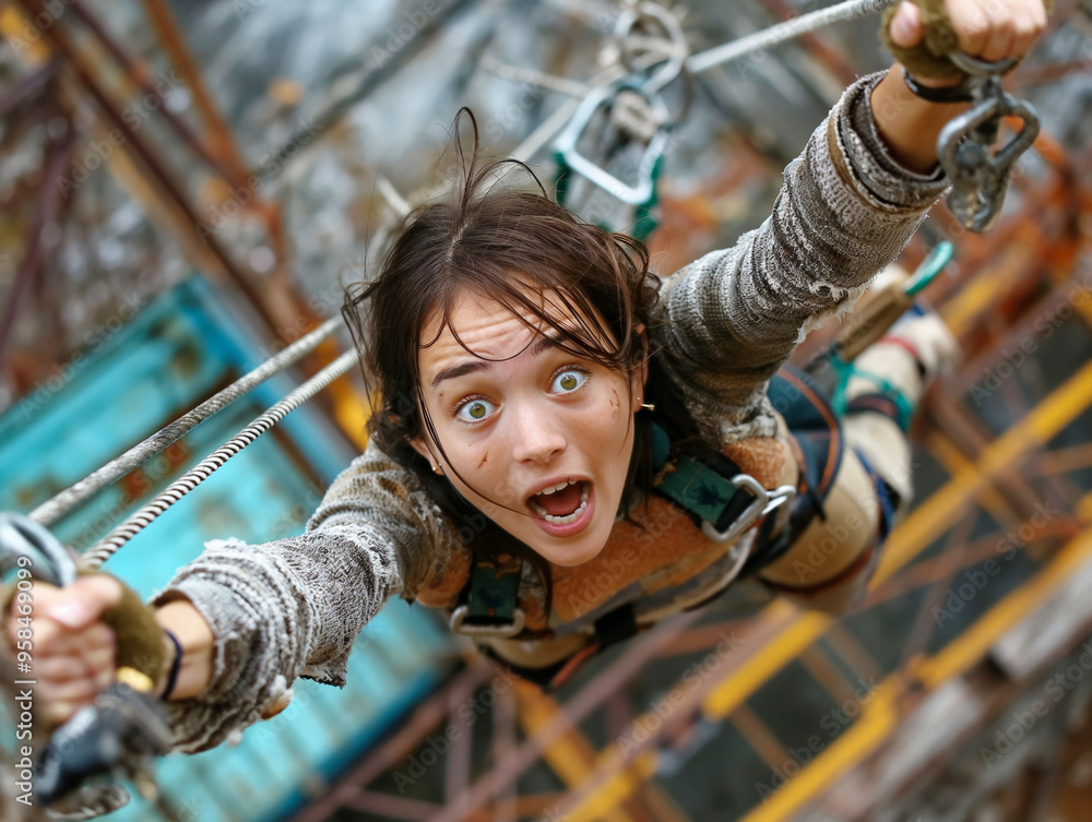 A woman is jumping off a building with her arms outstretched. She is wearing a grey sweater and has a surprised look on her face A woman is jumping off a building with her arms outstretched. She is wearing a grey sweater and has a surprised look on her face