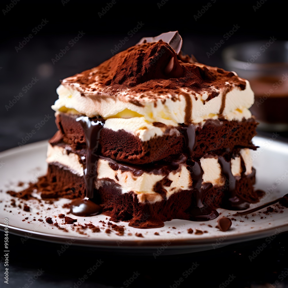 Tiramisu garnished with cocoa and chocolate shavings, showcasing its creamy, layered texture, chocolate cake on a plate Tiramisu garnished with cocoa and chocolate shavings, showcasing its creamy, layered texture, chocolate cake on a plate