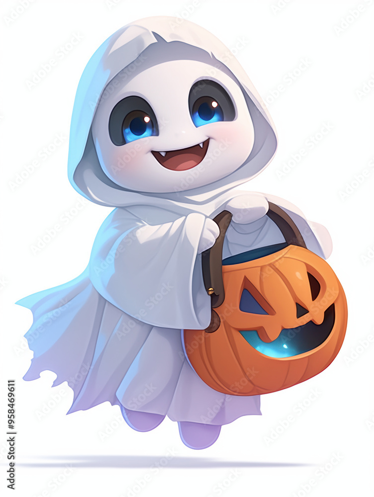 Fototapeta premium Adorable Ghost Child Trick-or-Treating with a Pumpkin Bucket 