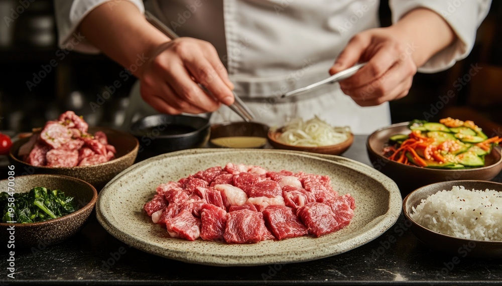 Raw beef slices on a plate with various side dishes. Raw beef slices on a plate with various side dishes.